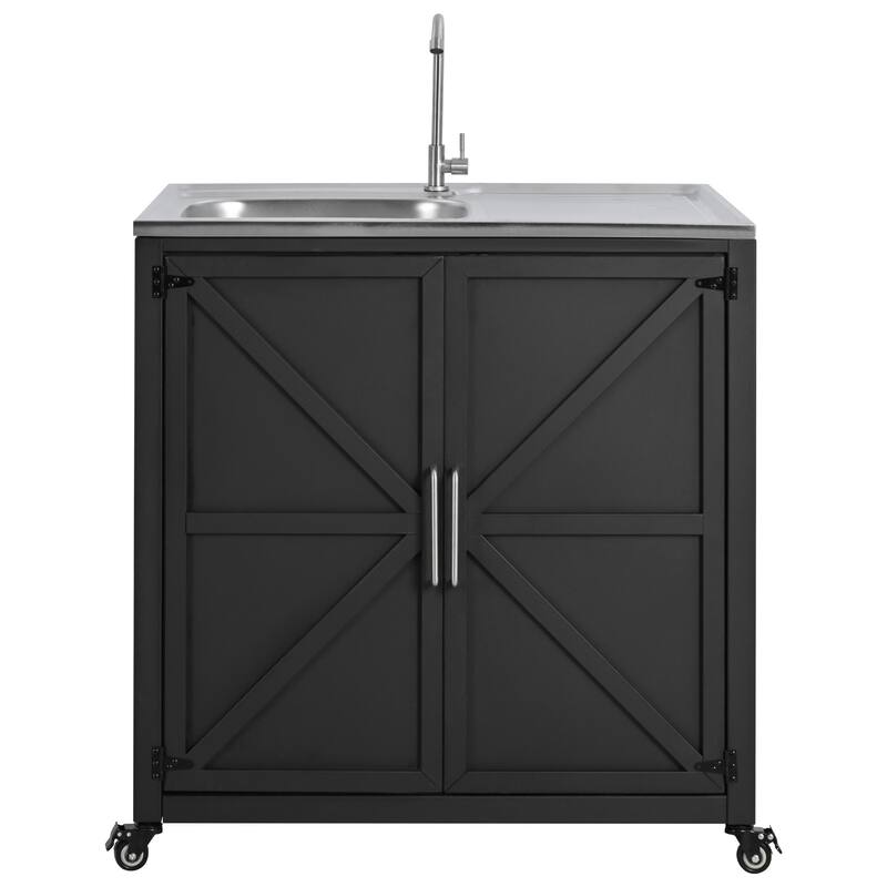 Outdoor Movable Kitchen Stainless Steel Tabletop Sink with Adjustable Rotating Faucet, Outdoor Cupboard with Lockable Wheels