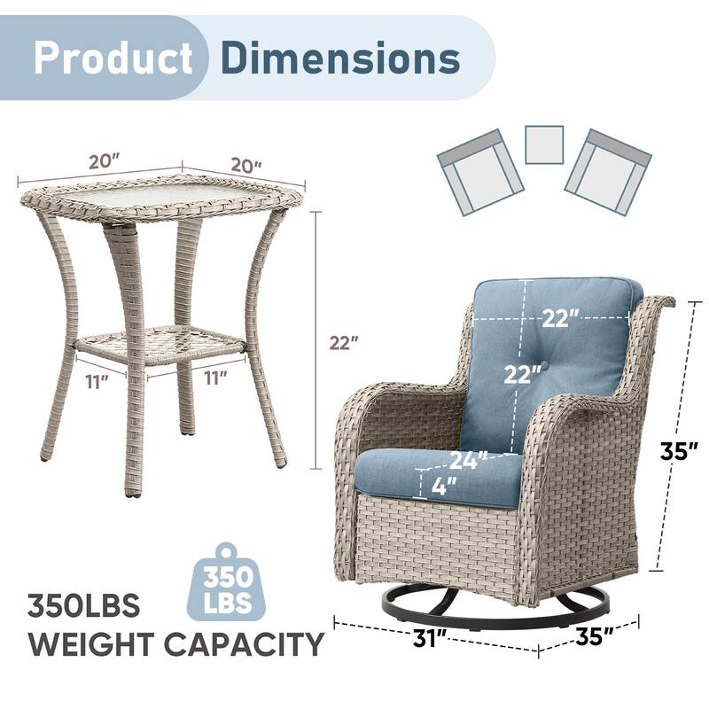 Pocassy 3-Piece Outdoor Swivel Bistro Set, Wicker Rocking Chairs