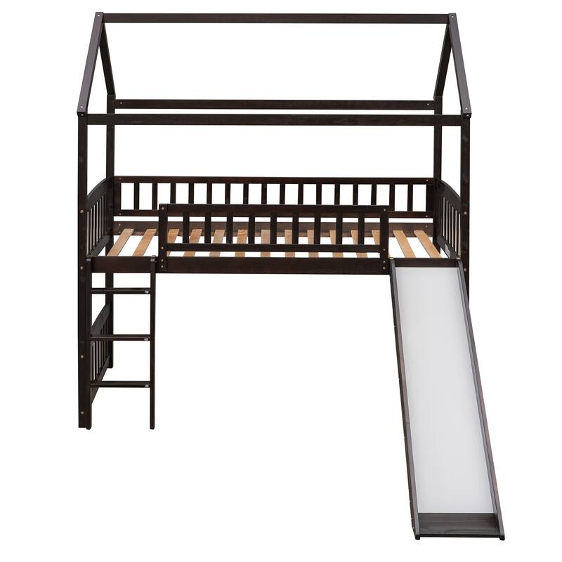Twin Loft Bed with Slide, House Bed, Espresso Finish, Space-Saving Design