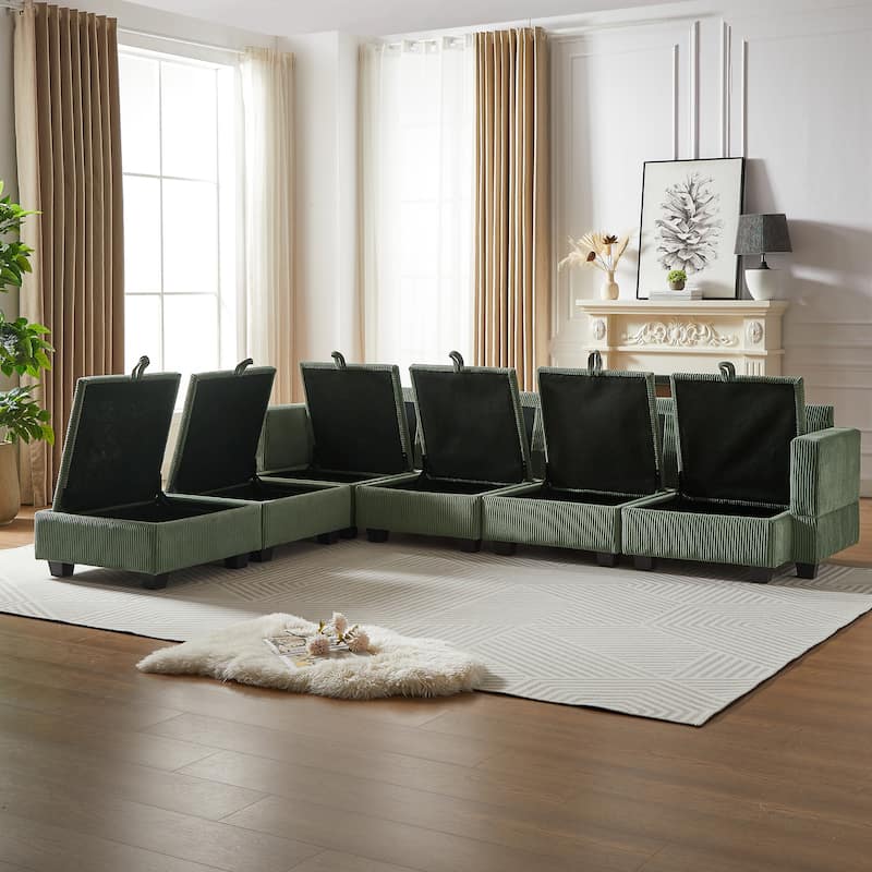 Roomfitters 113.5" Modular Corduroy U-Shaped Sectional Sofa, 6-Seater Convertible Couch with Chaise and Storage Ottoman