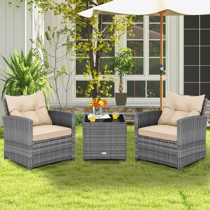 Costway 3PCS Patio Rattan Furniture Bistro Set Cushioned Sofas Side