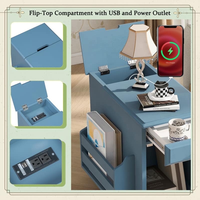 Retro Flip-Top End Table – USB Ports, Cup Holder Drawer & Bookshelf, Ideal for Small Spaces.