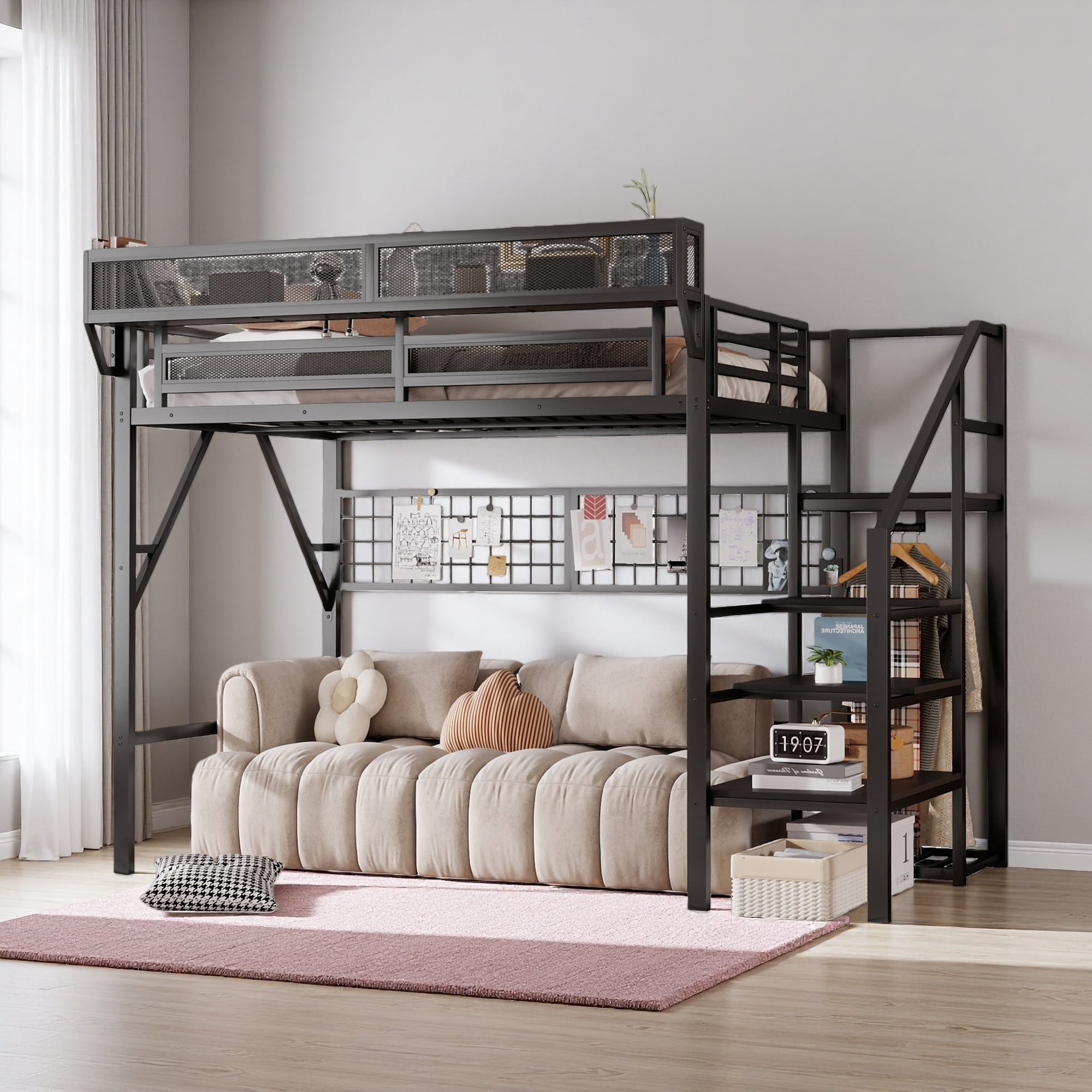 Full Size Metal Loft Bed with Stairs, Storage Shelves, Wardrobe, RGB Lights, and High Clearance