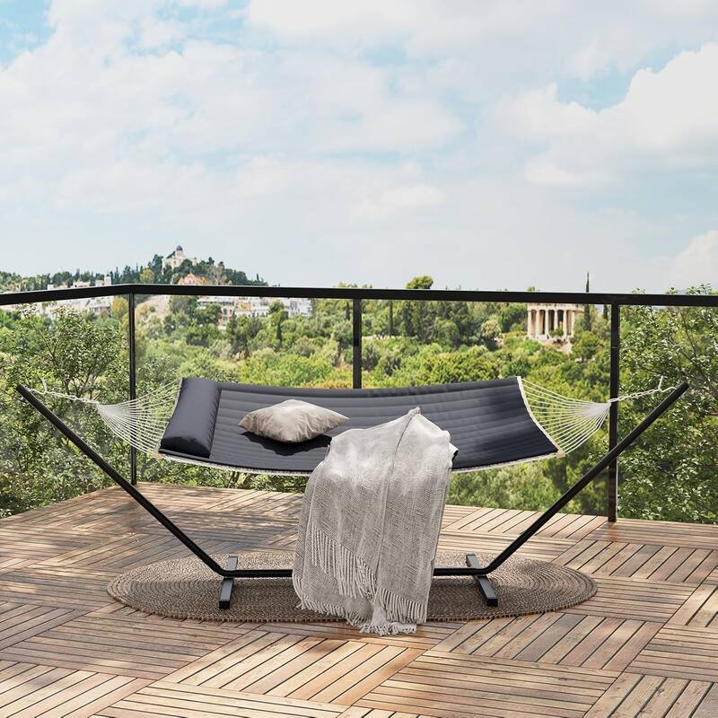 Hammock with Steel Stand, Portable Standing Hammocks with PP Cotton Pad and Pillow - Dark Gray