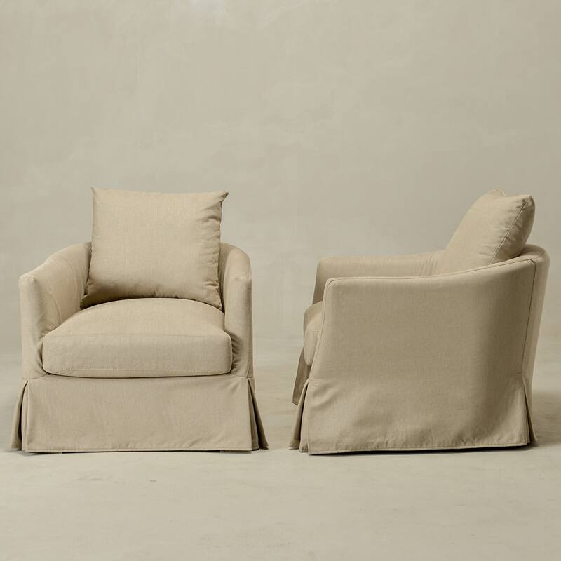 KINWELL 32" W Down Fill Upholstered Slipcovered Swivel Barrel Accent Armchair