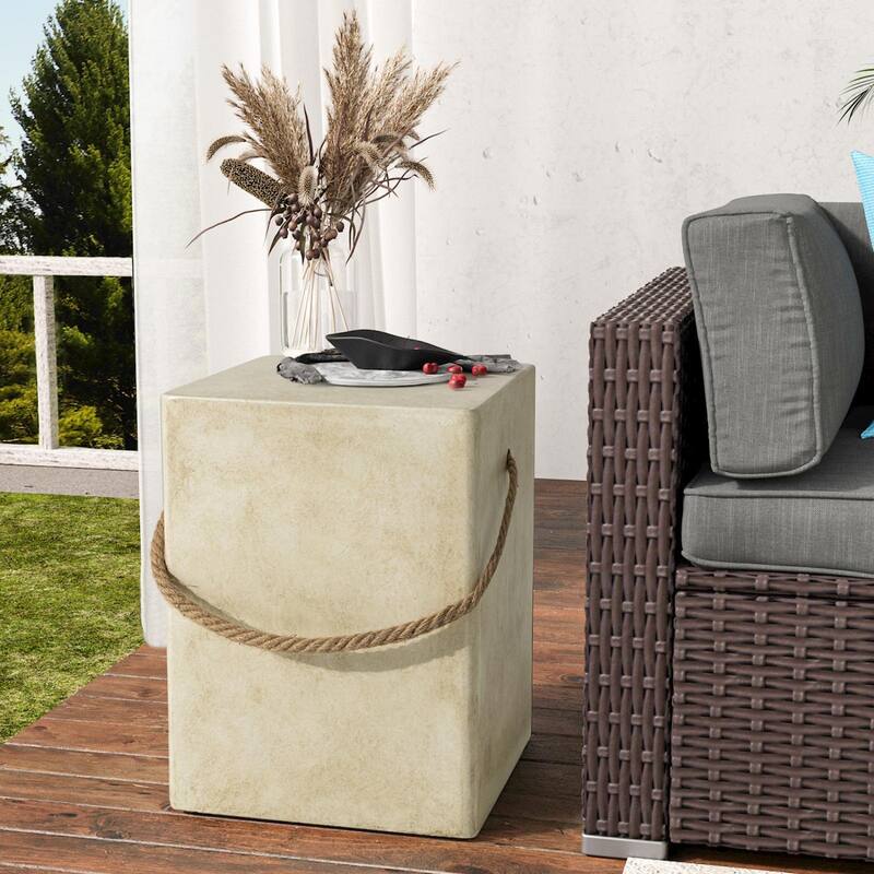 COSIEST Outdoor Lightweight Concrete Side Table w Hemp Rope Handles