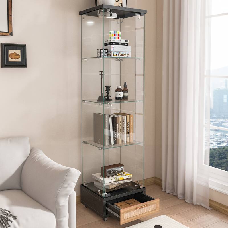 Glass Display Cabinet With Drawer,Cabinet With Led Lights,Tempered Glass Bookshelf, 1-Door Storage Case With 4 Shelves