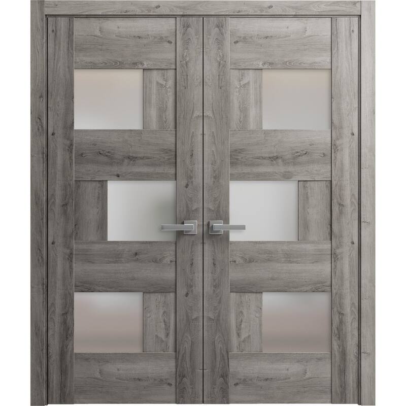Solid French Double Doors 36 x 80 inches | Sete 6933 Nebraska Grey with Frosted Glass - 60" x 80" ( 2* 30x80)