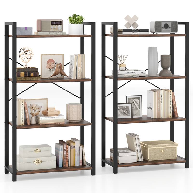 Gymax 2PCS 47'' Floor Bookcase w/ Shelves Heavy Duty Metal Frame & - Rustic Brown, Black