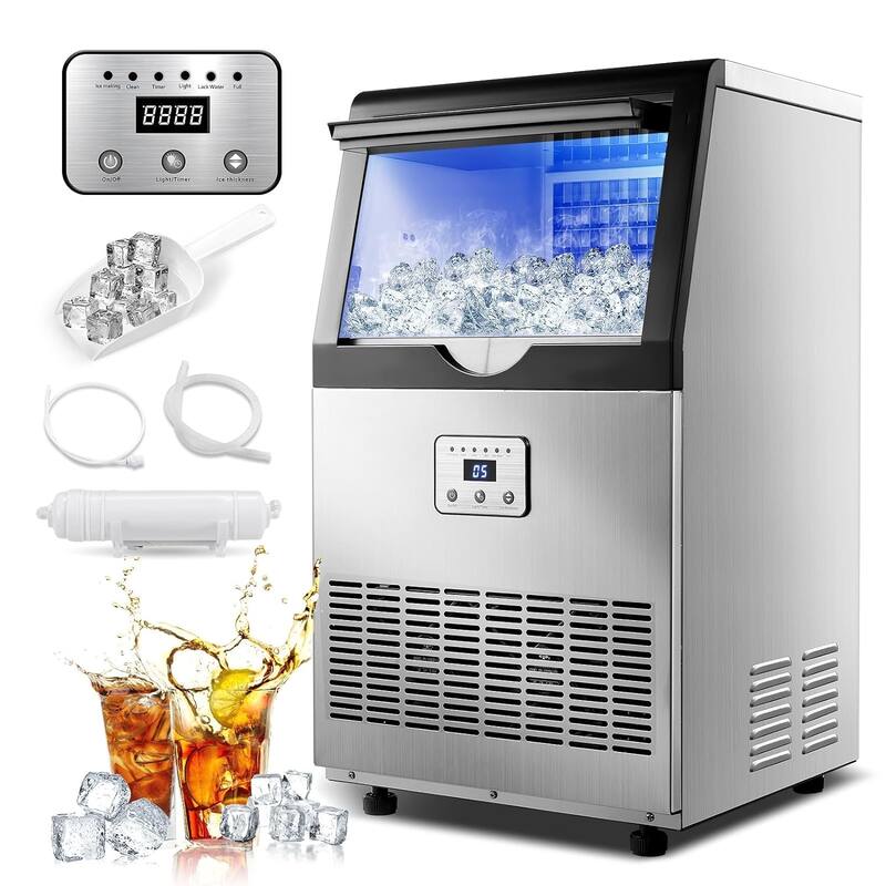 Commercial Ice Maker 100lbs/24H Ice Maker Machine Auto Self-Cleaning Digital Display Freestanding Ice Machine - Stainless Steel