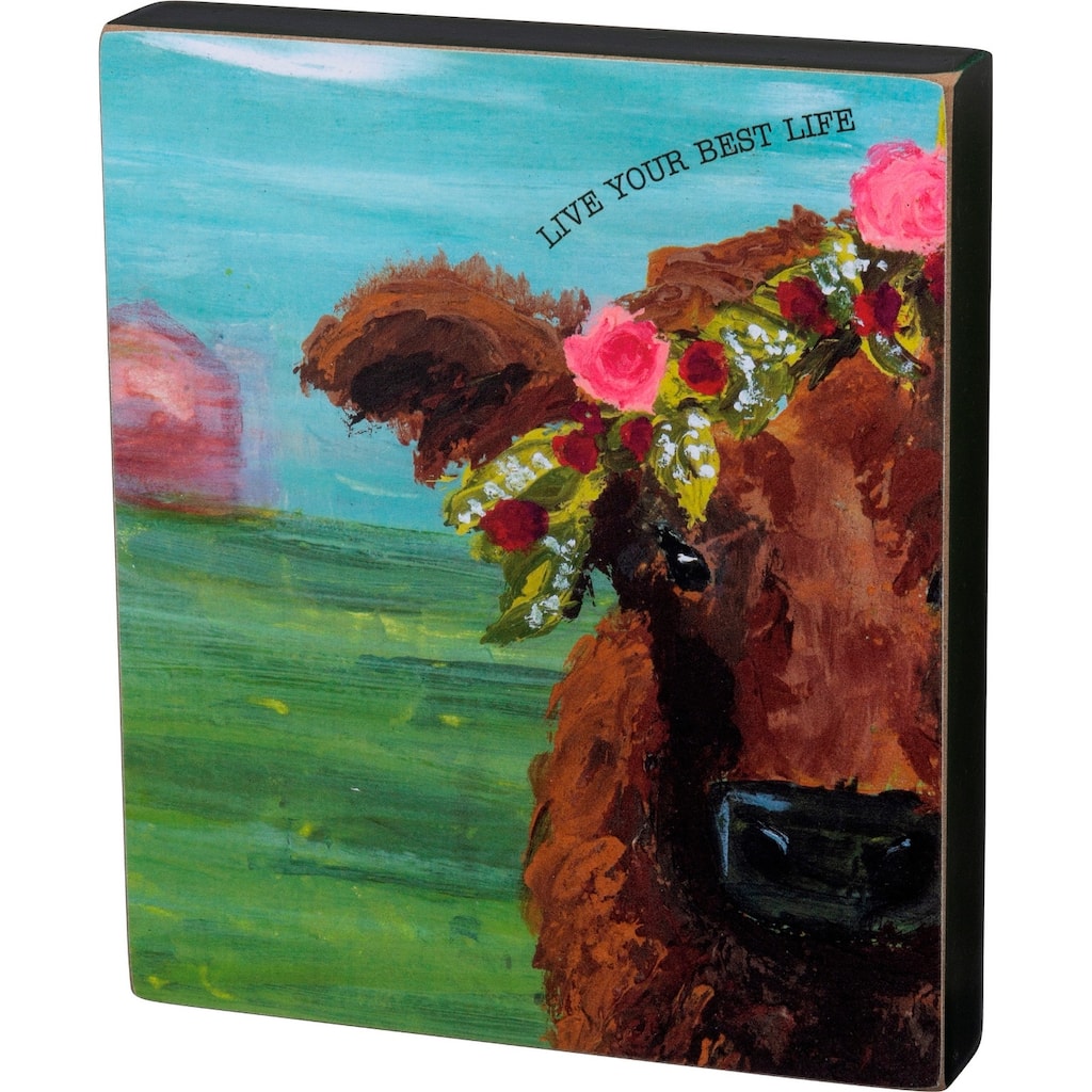 Primitives by Kathy Live Your Best Life Farm Cow Wood Block Sign 7 Inches - Multi