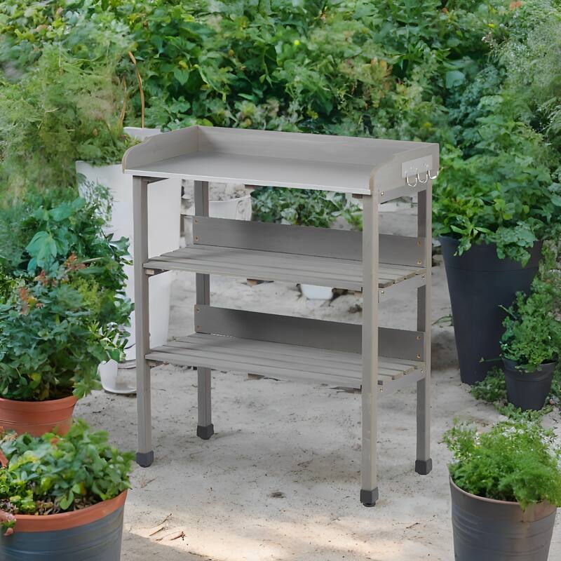 30"x14.5"×35.5" Potting Table w/Metal Tabletop, 3 Layers Outdoor Work Bench w/Hook for Garden, Solid Wood Workstation for Garage
