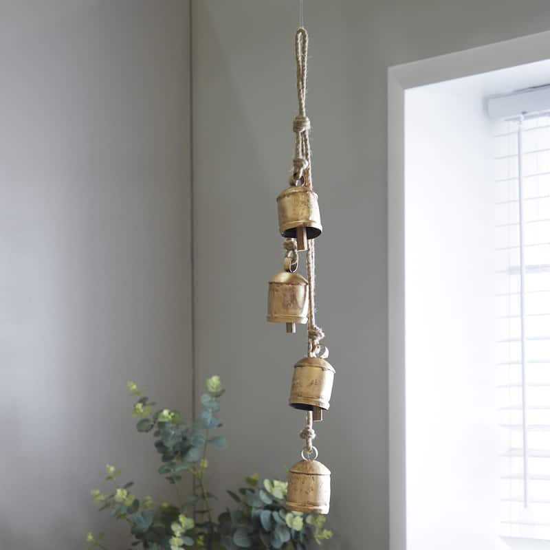 Metal Cluster Decorative Bells with 4 Bells on Jute Hanging Rope - White, Black, Gold, Red - Roche River Decor
