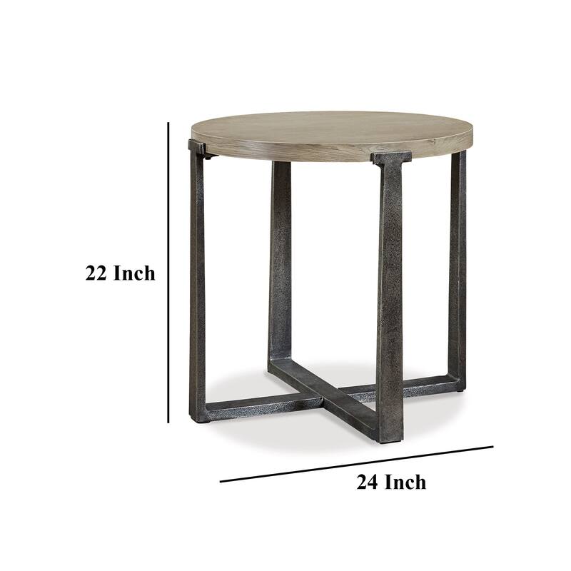 Dalen Side End Table, Round Gray Oak Veneer Top, Metal Base, 24 Inch