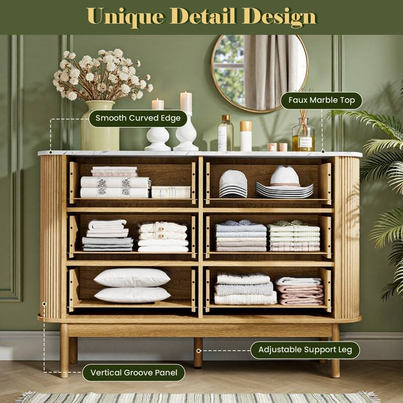 47" Wooden Buffet Cabinet Curved Profile Design With Faux Marble Top & Fluted Chest Of Drawers