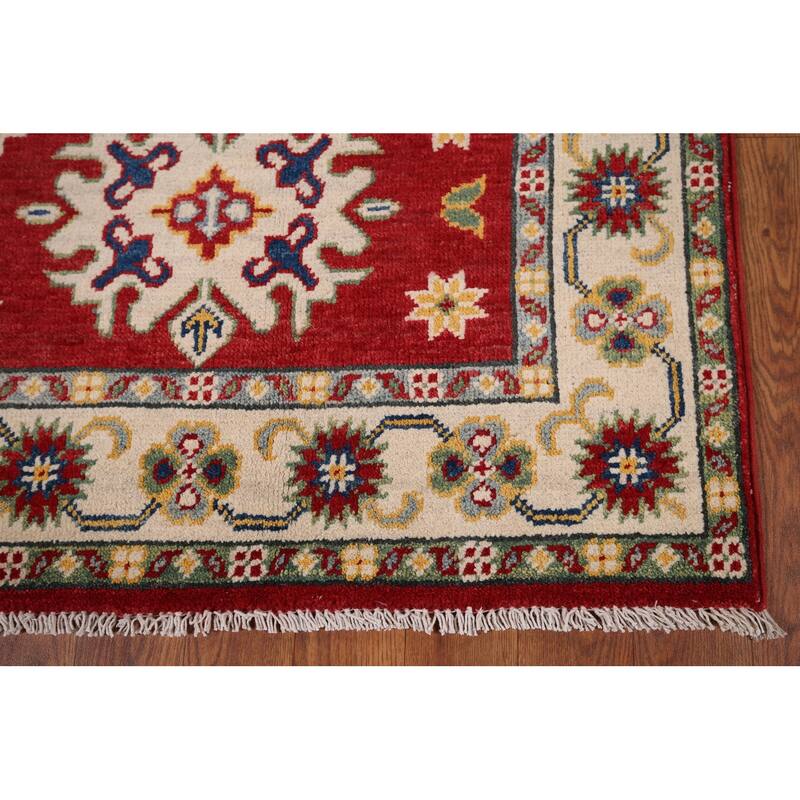 Red Geometric Kazak Foyer Rug Handmade Wool Carpet - 2'10" x 4'1"