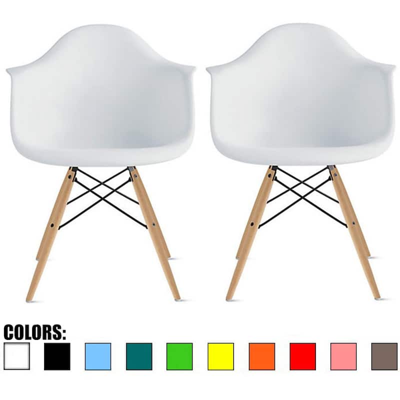 Set of 2 Plastic Accent Modern Designer Dining Chair With Arms Molded Shell Desk Natural Wooden Legs Kitchen Patio
