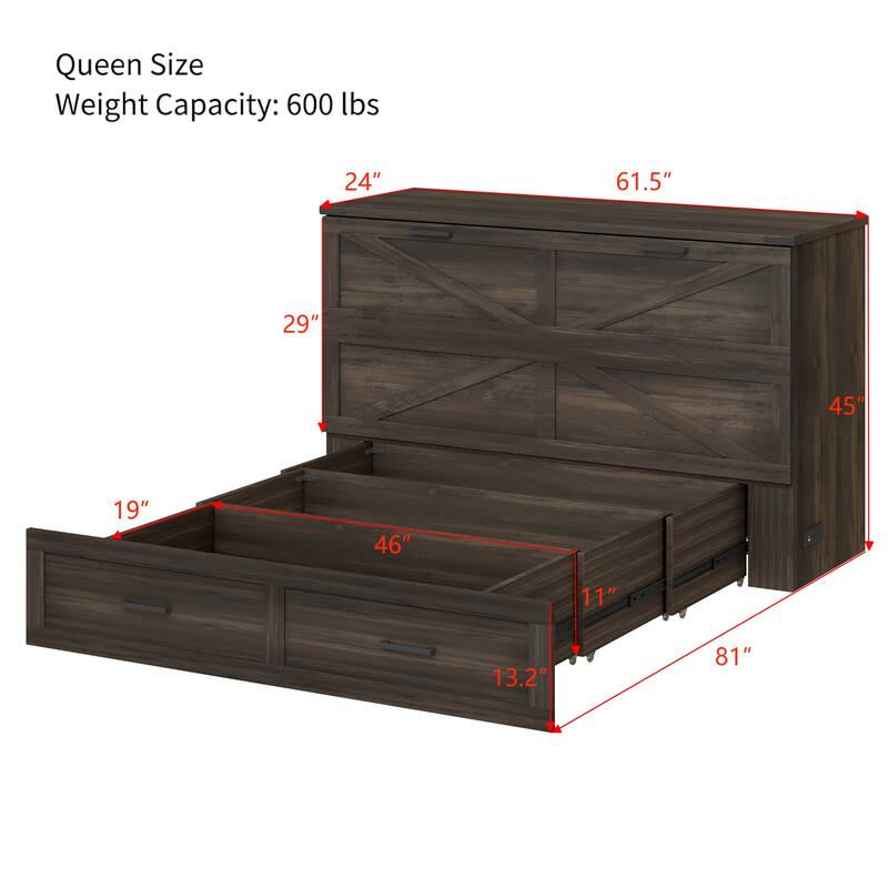 Full/Queen Size Pull Out Murphy Bed Frame, Wood Foldable Platform Cabinet Bed with Charging Station and Large Storage Drawers