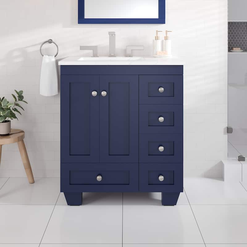 Eviva Acclaim 28 in. Bath Vanity with White Carrara Quartz Top - Blue
