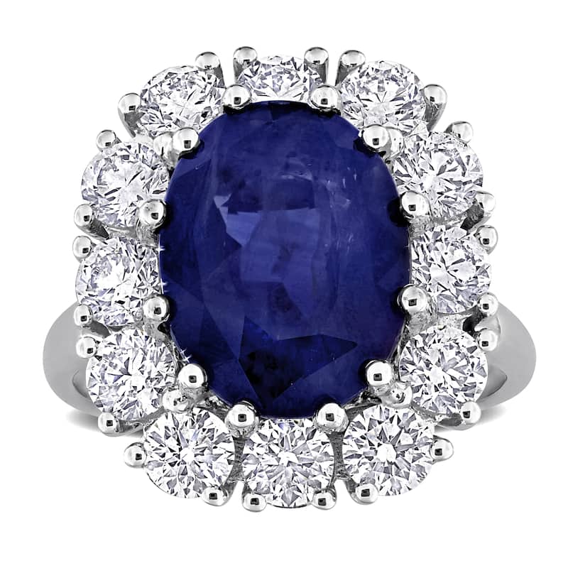Miadora 9 1/5ct TGW Sapphire and 2 3/8ct TW Diamond Halo Ring in 14k White Gold