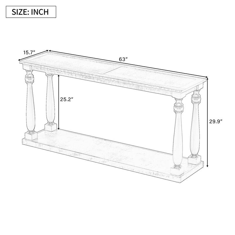63''W Pine Wood Grain Console Table with Bottom Shelf and Four Vase Legs, Suitable for Entryway, Hallway, Living Room, Bedroom
