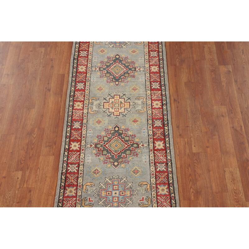 Geometric Kazak Oriental Runner Rug Hand-Knotted Grey Wool Carpet - 2'3" x 5'11"