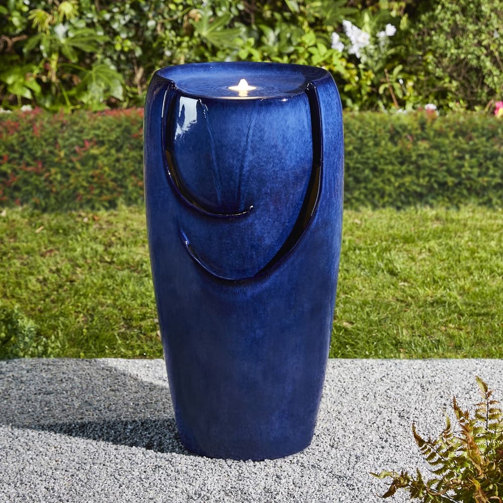 Glitzhome Oversized LED Lighted Ceramic Pot Floor Fountains for Outdoor Garden