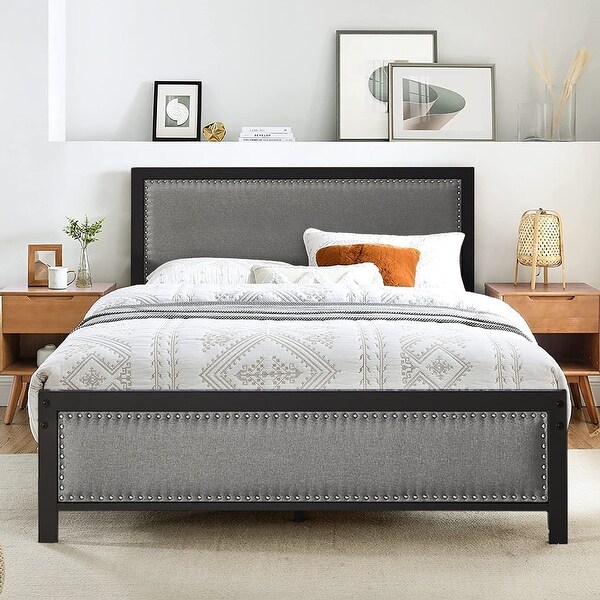 VECELO Upholstered Platform Bed Frame with Height Adjustable Headboard ...