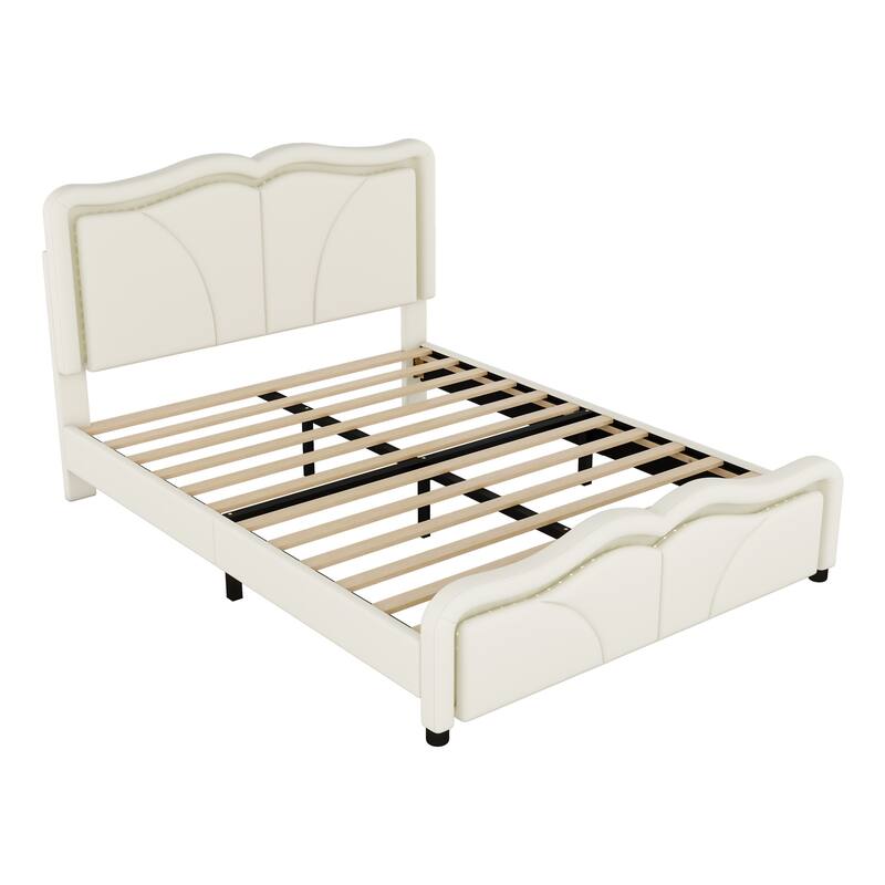 Modern Kids Twin/Full Platform Bed with Adjustable Height PU Headboard, LED Lights, and Sturdy Frame