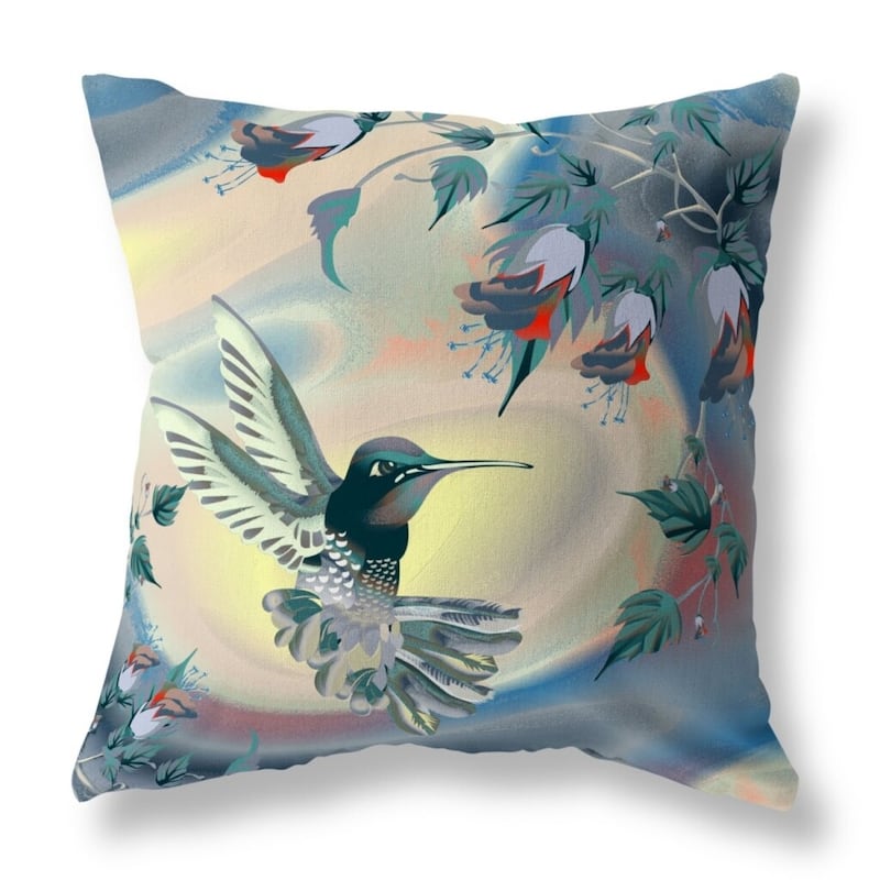 HomeRoots 18" X 18" Blue and Yellow Bird Blown Seam Floral Indoor Outdoor Throw Pillow - 18.00' X '18.00' X '5.00