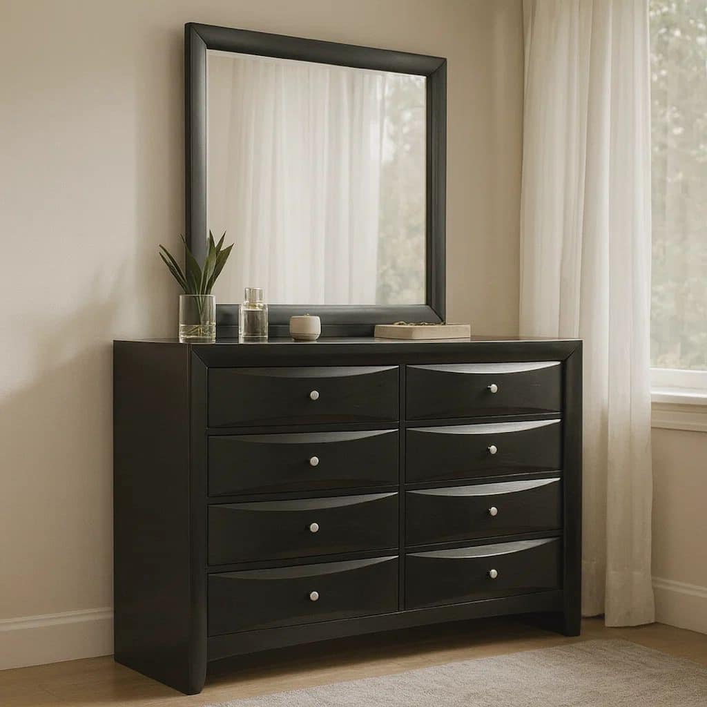 Ica 2pc Wide Dresser and Mirror Set, Chambered Fronts, Black Wood