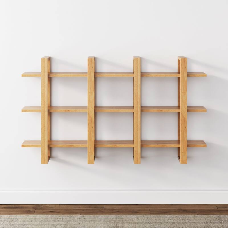 Nathan James Benji Floating Wall Book Shelves, 3-Tier Display Shelf, Decorative Modular Shelf in Solid Wood - Natural Brown Set of 2