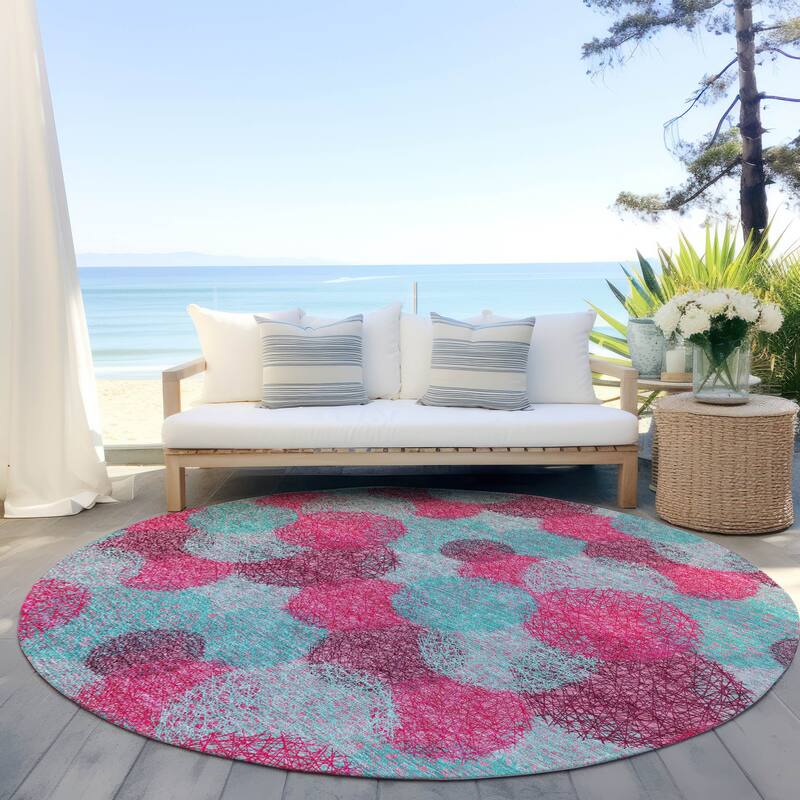 Machine Washable Indoor/ Outdoor Boho Sphere Chantille Rug - Pink - 8' x 8'