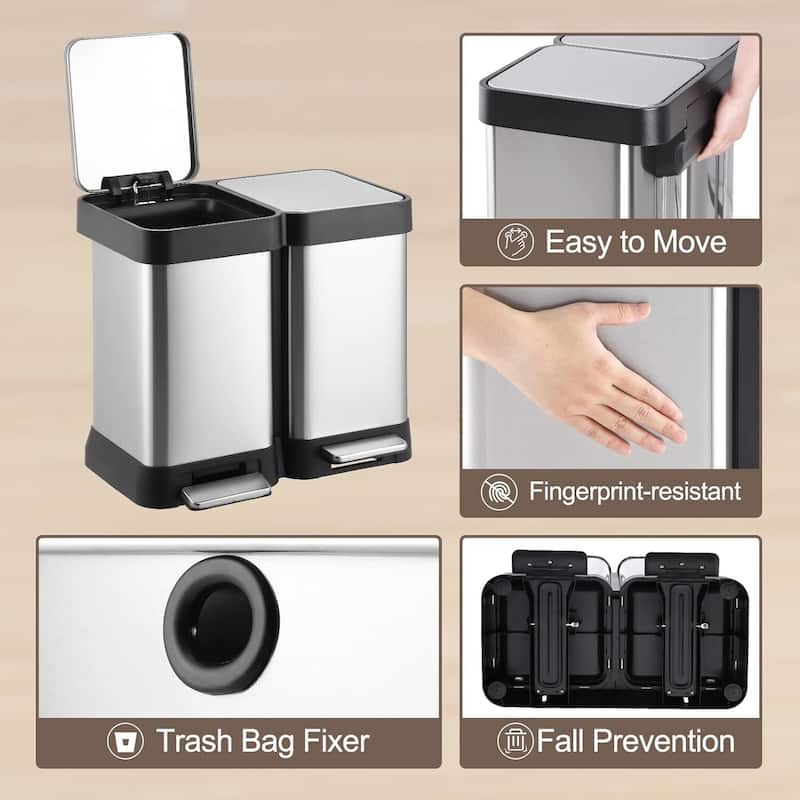 2 x 6.6 Gallon Dual Compartment Recycling Bins, Kitchen Trash Can
