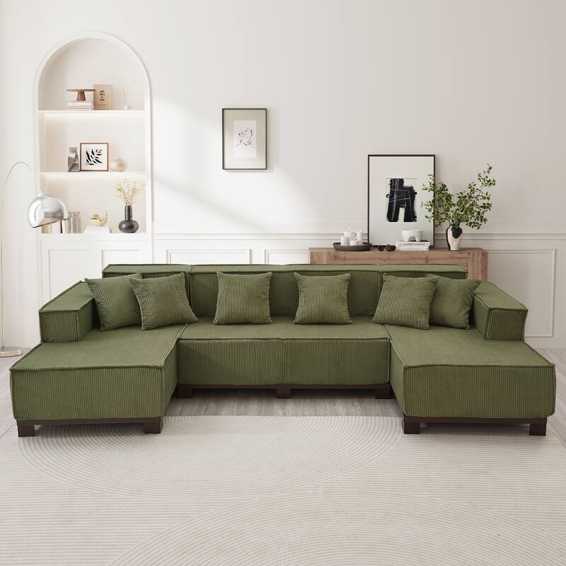 Modern U-Shaped Sectional Sofa Set Stripe Corduroy Upholstered Sofa with Light Strip and 6 Pillows - Green