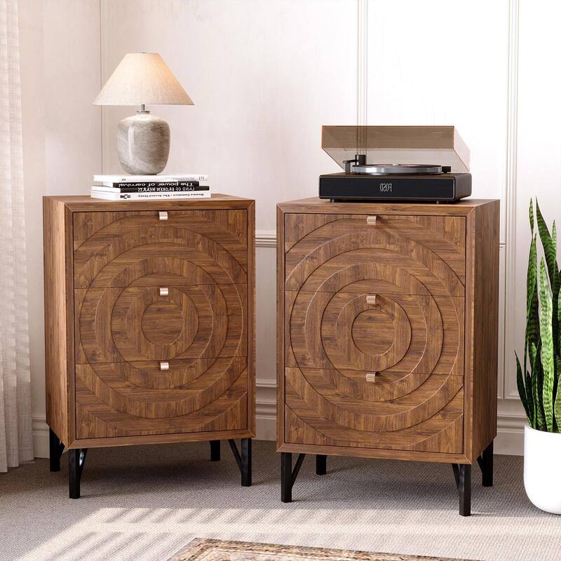 COSIEST Solid Wood Brown Nightstand Set with Drawers - 3-drawer