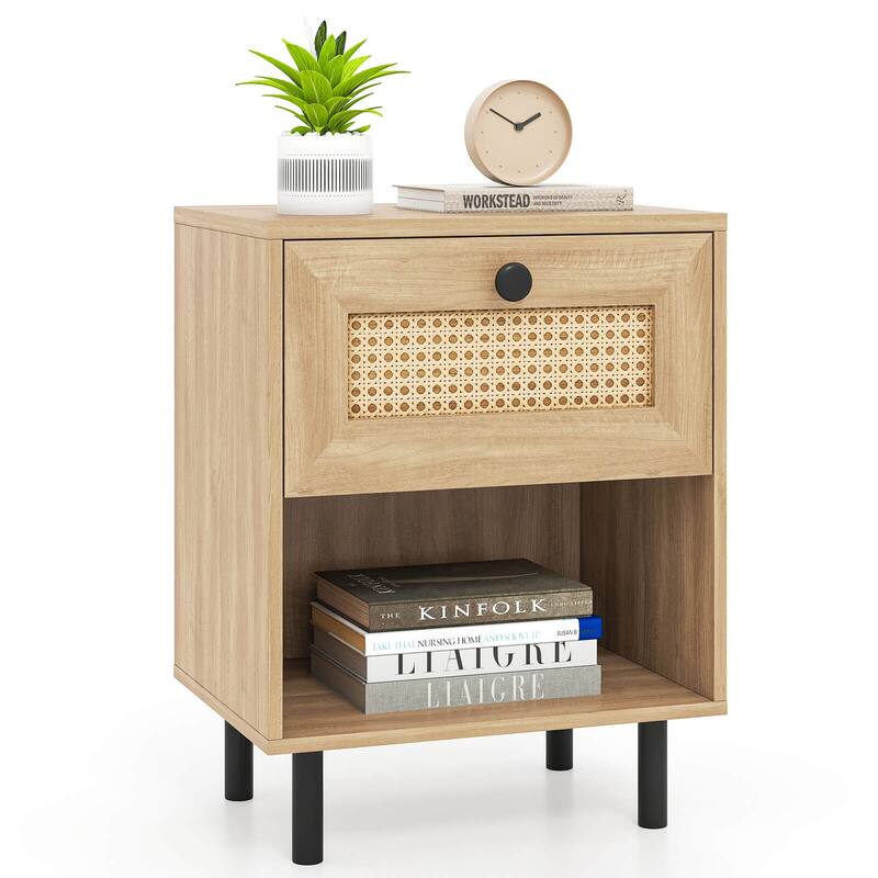 Costway 1/2 PCS Rattan Nightstand Boho End Table with Drawer & Open - See Details - Natural-1 PCS