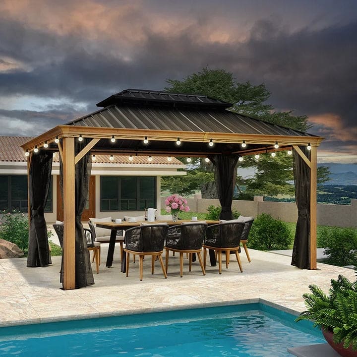 PURPLE LEAF Double Top Outdoor Wood Grain Sunroom Screen House Patio Hardtop Gazebo - 10ft x 14ft - Gazebos Wood(With Ligths)