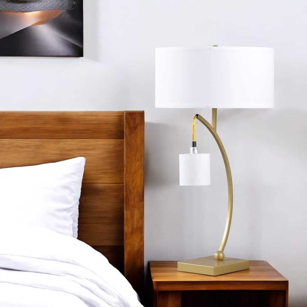 HomeRoots Gold Metal Two Light Arched Table Lamp With White Drum Shade - 15