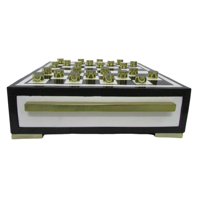 Resin Modern Checkerboard Game with Built-In Storage Drawer - 5" White - 15" x 15" x 4.75"