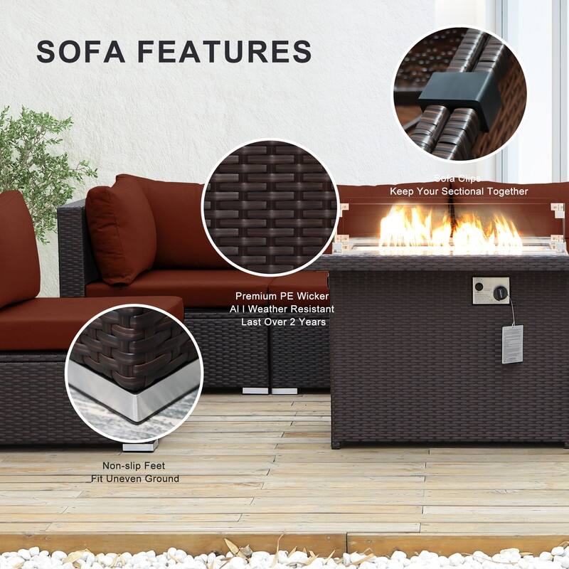 7-Piece Outdoor Deep Seating Sectional Wicker Patio Conversation Set with Fire Pit