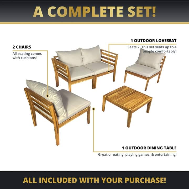 Kinger Home Trena 4-Piece Acacia Wood Patio Furniture Set with Cushions - 9' x 12'