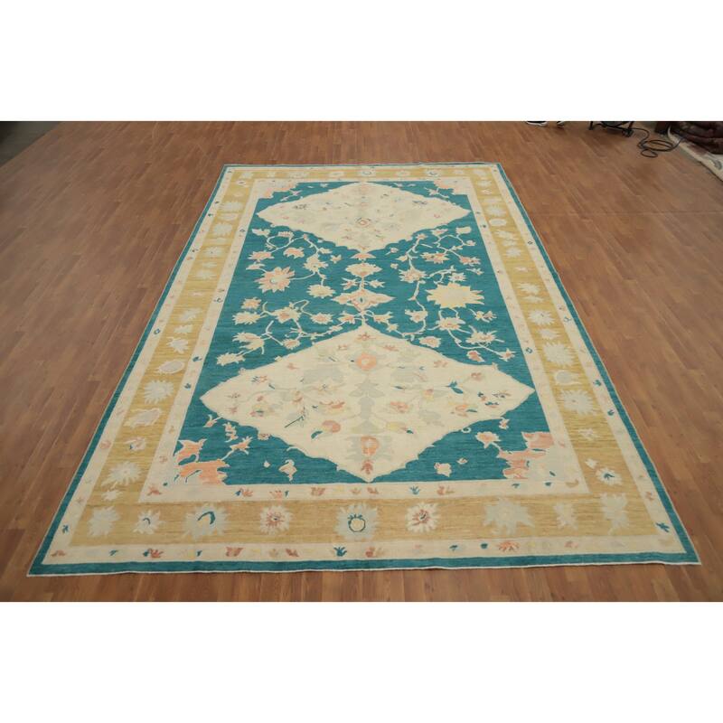 Hand Knotted Oriental 100% Wool Carpet Transitional Floral Green Oushak Area Rug - 14' 10'' X 9' 4''