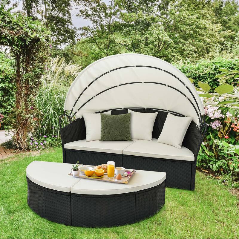 Costway Patio Round Daybed with Retractable Canopy Rattan Sectional - See Details - Off-White