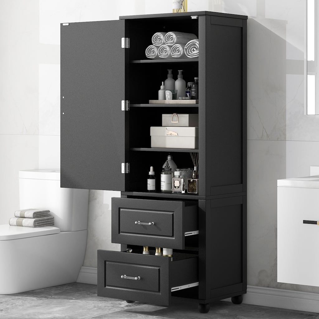 Tall Bathroom Storage Cabinet, Freestanding Storage Cabinet with Two Drawers and Adjustable Shelf, MDF Board with Painted Finish
