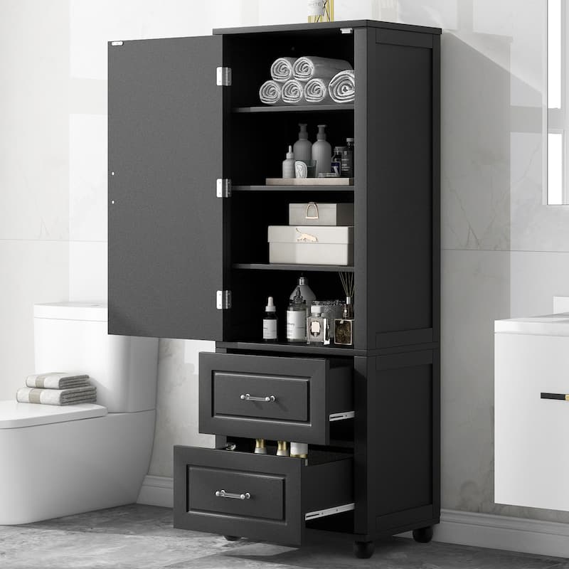 Tall Bathroom Storage Cabinet,Freestanding Cabinet with Two Drawers and Adjustable Shelf,MDF Board with Painted Finish - Black