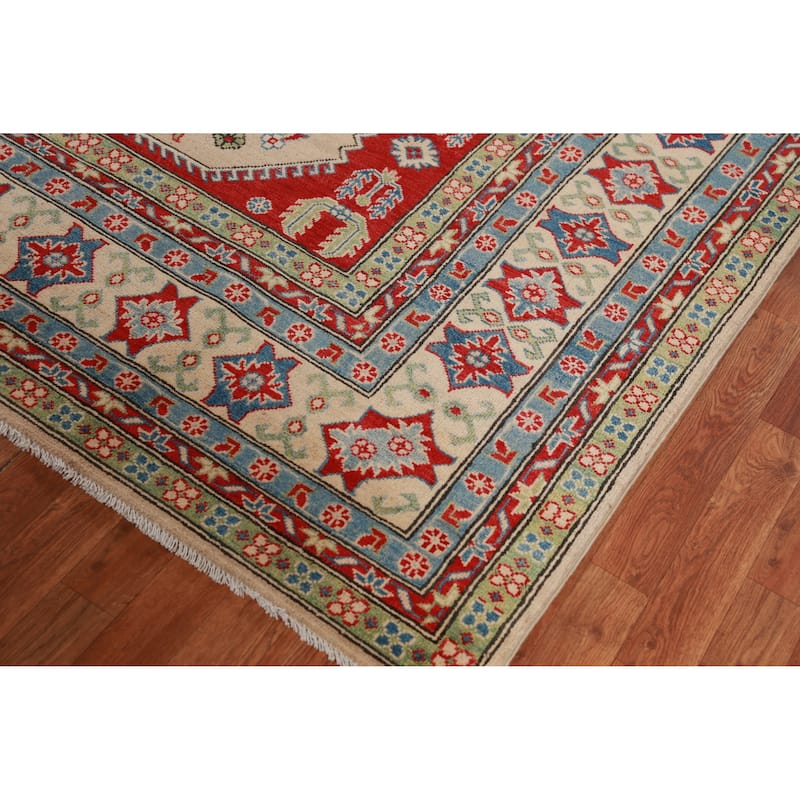 Hand Knotted Oriental 100% Wool Carpet Traditional Geometric Beige & Ivories Kazak Area Rug - 12' 3'' X 9' 0''