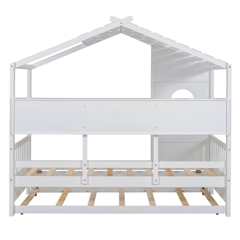Modern Twin Size House Bed with Trundle and Storage Shelf, White