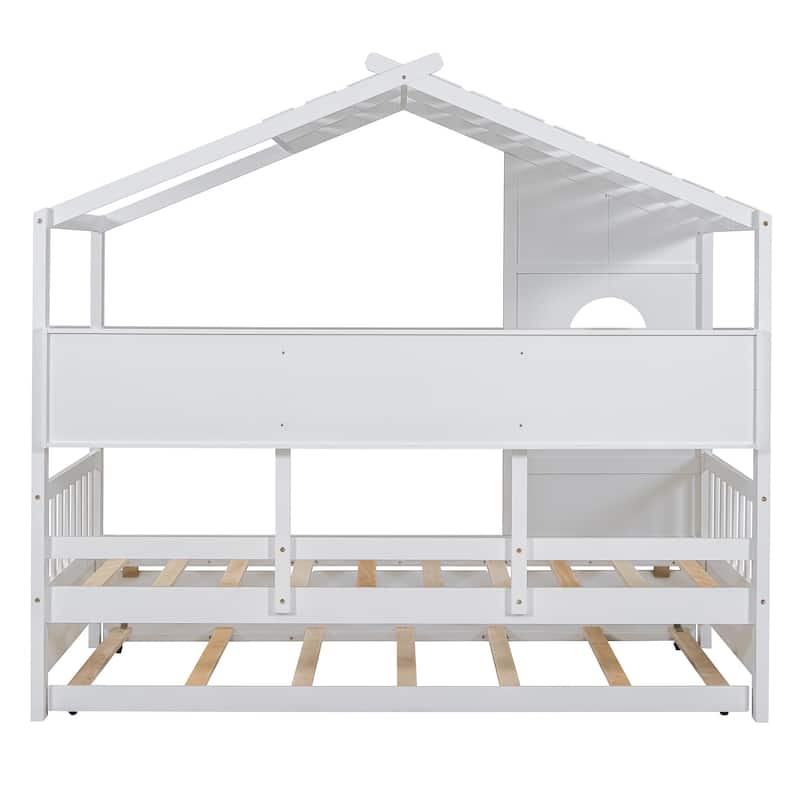 Wooden Twin Size House Bed With Trundle, Modern Design For Kids With Storage Shlef