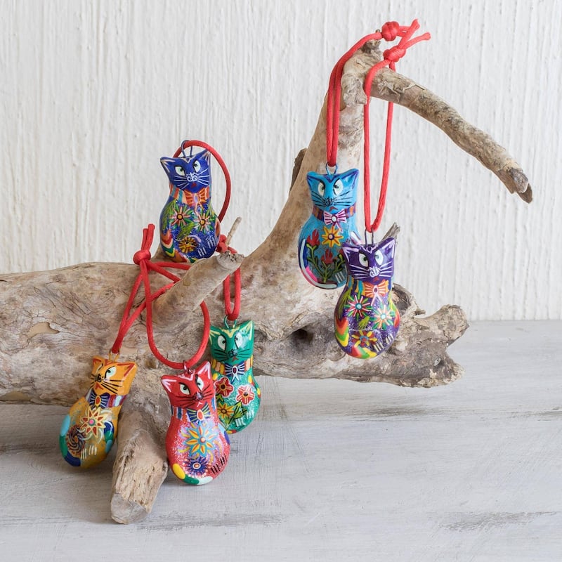 NOVICA Festive Cats, Ceramic ornaments (set of 6)